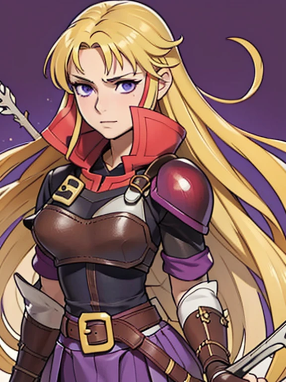 Masterpiece, best quality, 1girl, Clarisse (Fire Emblem), long blonde air, indigo eyes, red top, brown leather chest plate, fingerless gloves, purple skirt, belt, she’s holding a bow in one hand, sheaf wrapped behind her back, sheaf filled with arrows, upper body, (manga cover:1.2), simple purple background
