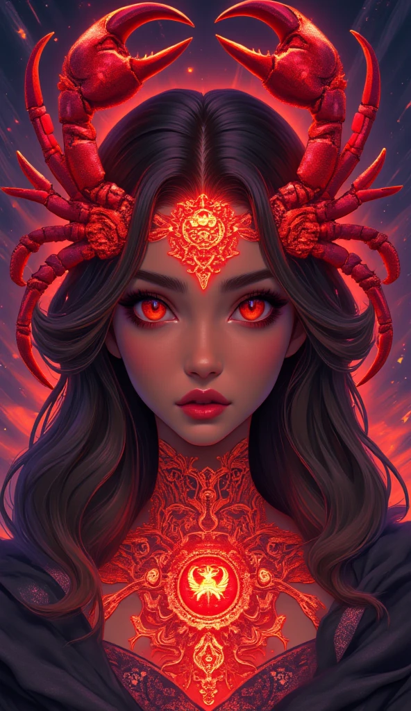 (masterpiece, ultra-detailed, cinematic quality, physically based rendering, 8k resolution, wallpaper),
(stylized illustration of a woman embodying the Cancer zodiac sign:2.0),
(bust view of a mystical woman with dark brown skin and a captivating aura:1.6),
(hair in loose waves, shoulder-length, a mix of dark brown with scarlet red highlights, reflecting light beautifully:2.0),
(prominent eyebrows, eyes accented with winged eyeliner, and red lipstick enhancing her elegant expression:1.8),
(a small tattoo of the Cancer zodiac symbol delicately placed on her forehead:1.6),
(adorned with red crab legs arranged symmetrically around her head like a mystical crown, adding a regal and otherworldly feel:2.2),
(the crab’s larger pincers encircle her neck, forming an intricate and bold necklace design:1.8),
(background in deep oceanic tones with ethereal lighting, blending shades of blue and red to enhance the zodiac connection:1.4),
(art style blending realism and fantasy with imaginative details, creating a balance of elegance and mysticism).