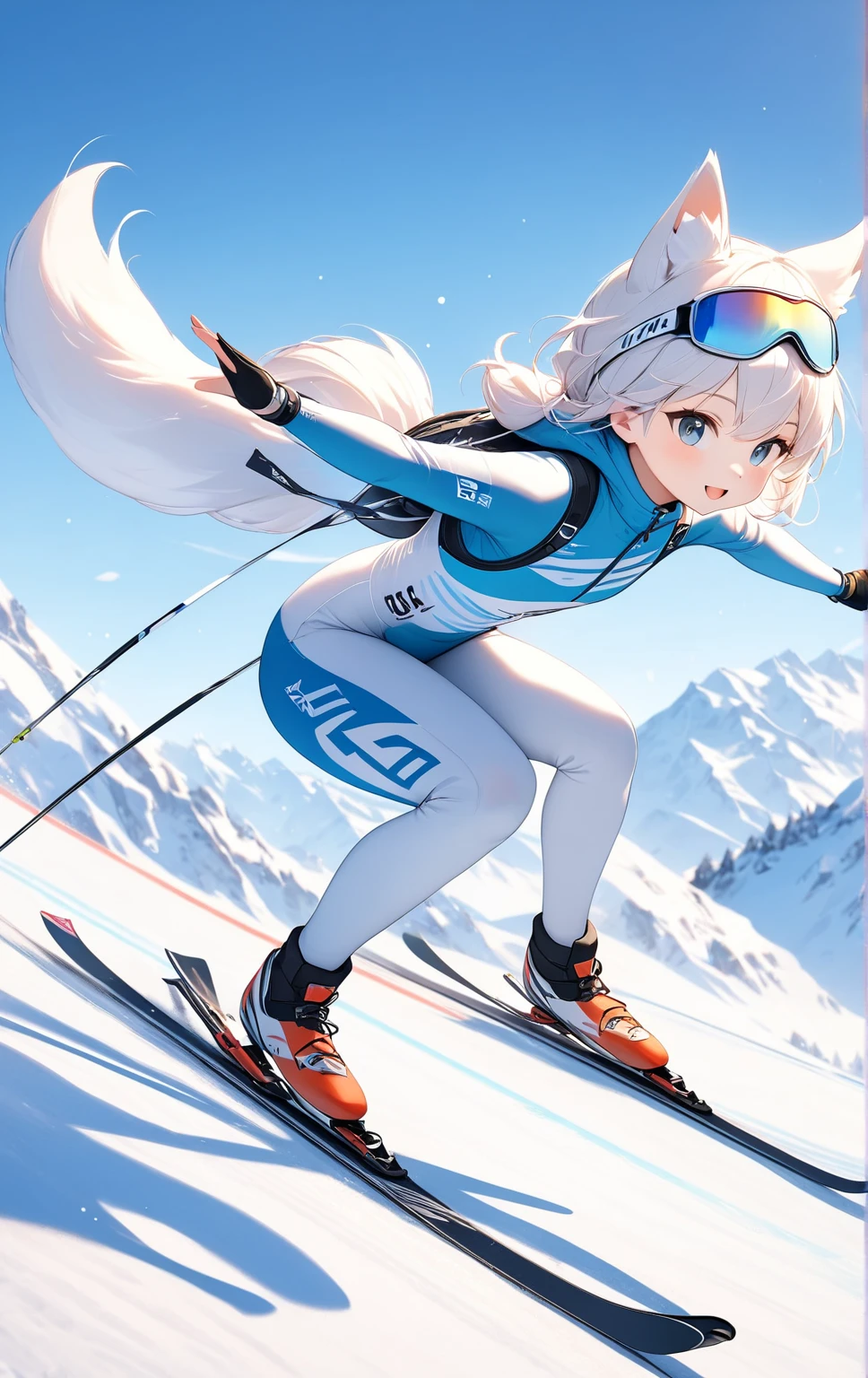    masterpiece:1.2，  top quality，  high definition   ，8ｋ，   ski sprint ，While gliding， cool pose ，  white baby fox ，cute,