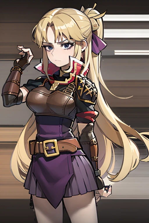 Masterpiece, best quality, 1girl, Clarisse (Fire Emblem), long blonde air, indigo eyes, red top, brown leather chest plate, fingerless gloves, purple skirt, belt, she’s holding a bow in one hand, sheaf wrapped behind her back, sheaf filled with arrows, upper body, glowing, light rays, (manga cover:1.2), simple purple background
