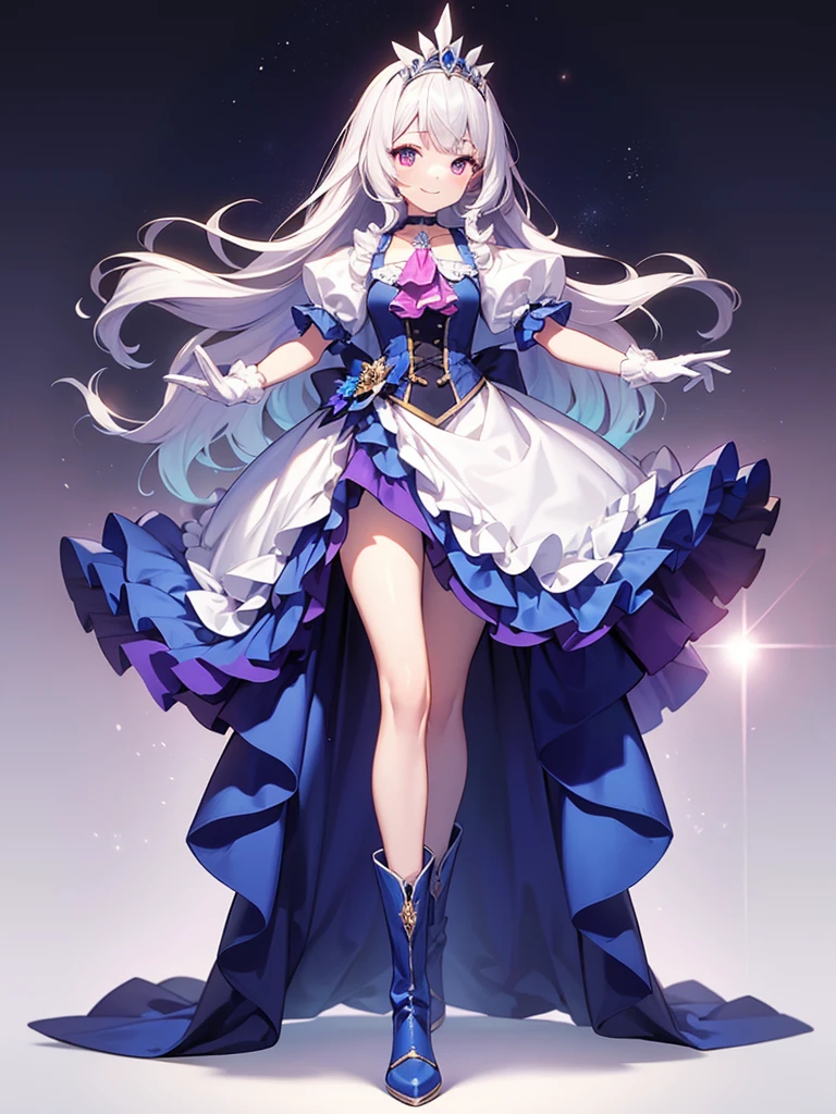 masterpiece, best quality, looking at viewer, depth of field, standing, full body, 
1girl, cure fontaine, tiara, white gloves, ascot, brooch, vest, choker, blue boots, 
smile, ((gradient background)), lens flare,