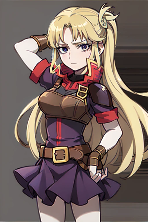 Masterpiece, best quality, 1girl, Clarisse (Fire Emblem), long blonde air, indigo eyes, red top, brown leather chest plate, fingerless gloves, purple skirt, belt, she’s holding a bow in one hand, sheaf wrapped behind her back, sheaf filled with arrows, upper body, glowing, light rays, (manga cover:1.2), simple purple background
