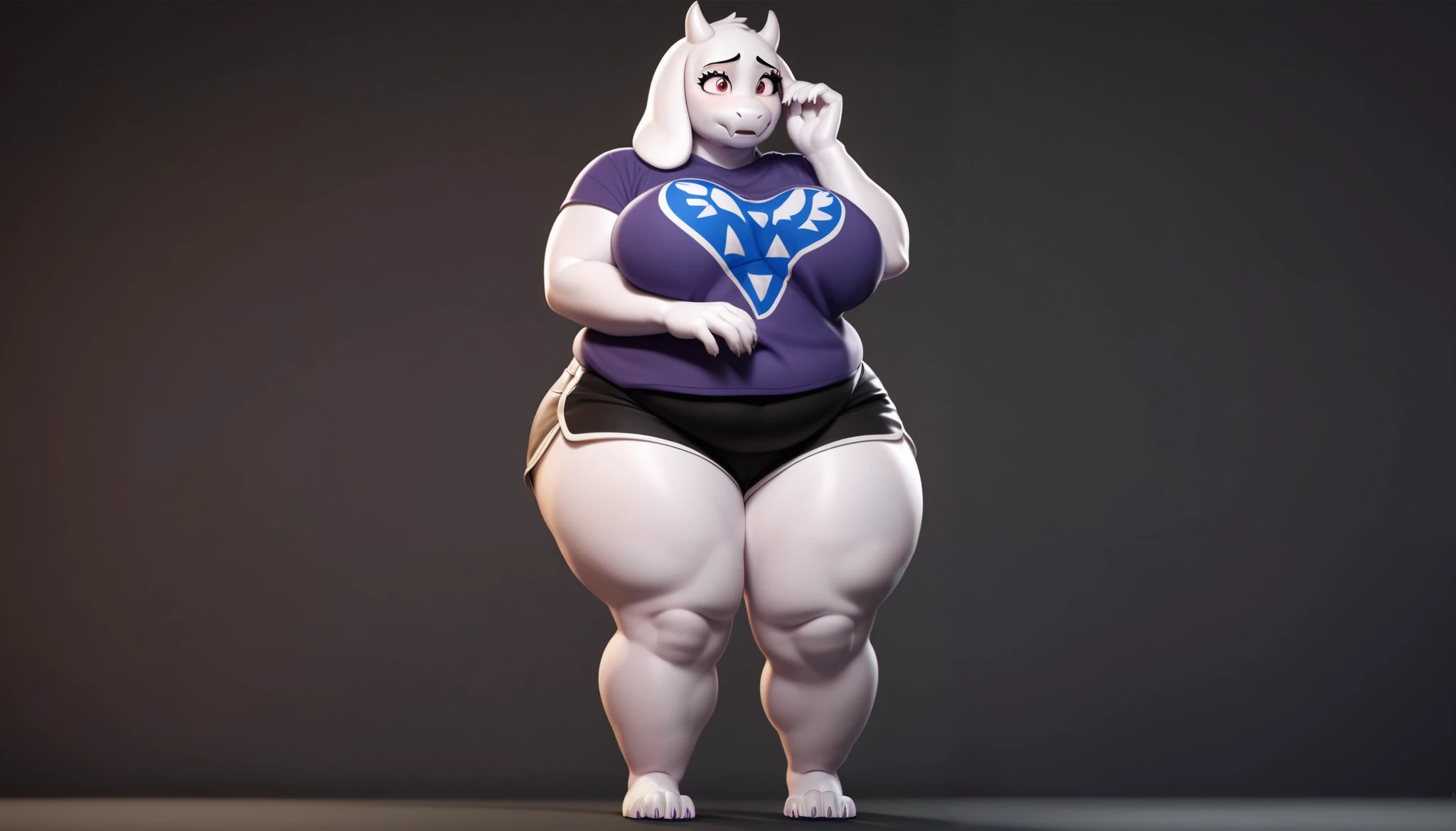 (((female))), ((big breasts, huge breasts, covered , nipple bumps, abs, muscular, thick thighs, hourglass figure, thicc, white hair, white skin, shorts, short shorts, purple shorts, booty shorts, bulge, sports bra, tank top, crop top, thong straps)), ((standing, hands behind head, exhausted expression, pouting, sweating, sweat, sweat drip)), (((by picturd, high quality, ((solo)) ))), (((Toriel, undertale, goat, snout))), ((simple background, park background))