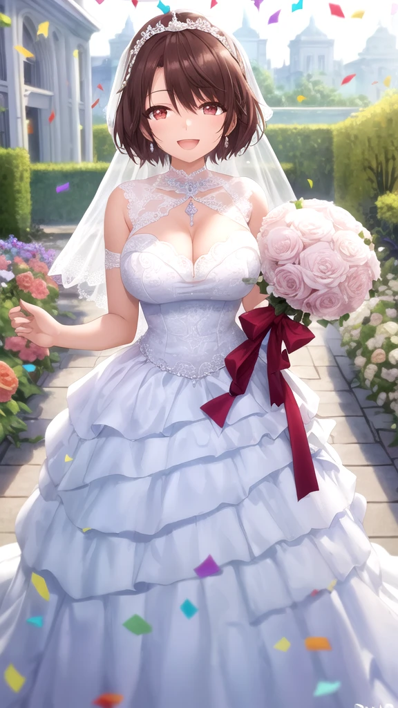 masterpiece, best quality, high quality, girl, solo, looking at viewer, yuuta_kadowaki, large breasts, wedding Dress, standing, garden, confetti, holding bouquet, smile, open mouth,