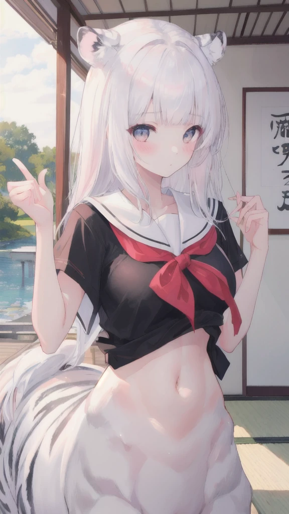 (best quality, masterpiece), 1 girl, centaur, I beg, White skin, Japanese schoolgirl,daughter,black pink, exposing the abdomen, belly button t-shirt , beautiful girl perfect, White tiger photo, 완벽한 White tiger photo