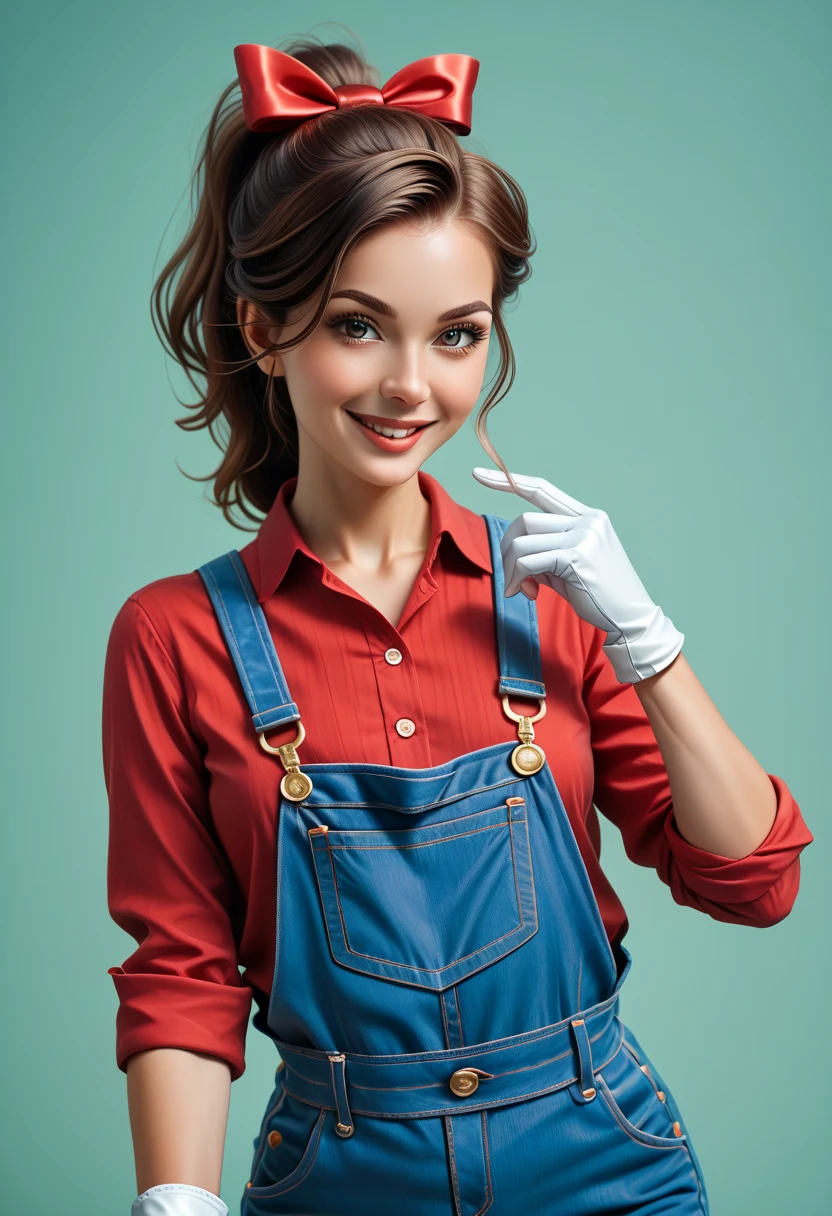 3DMM style, ((Pluralistic)), (artwork, best quality), intricate details, attractive, alone, 1woman character with ((brown hair)). Her hair is tied back in a ponytail. (A red big bow). ((A red shirt, long sleeves rolled up)). ((dark blue overalls)), ((white gloves)). ((a blue tie)). Her skin is white. minimalis Green background, scene captured in dynamic, cheerful and fun pose, looking at the viewer, 