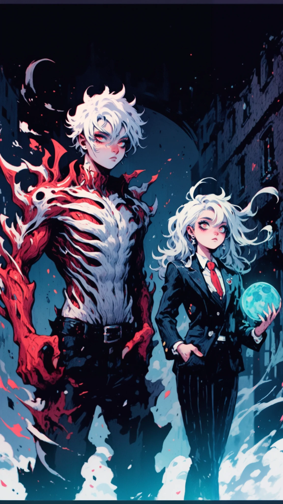 anime style, cool and edgy, thicker outlines, painterly elements, fine details, soft edges, A young man with white spiky hair and red monstrous arms stands beside a woman wearing a suit and conjuring a ghostly skull in a dark, ruined setting, eerie, supernatural, detailed, high contrast, dramatic lighting, tattos, fashionable, posing, expression, stylish, striking, modern, fashion