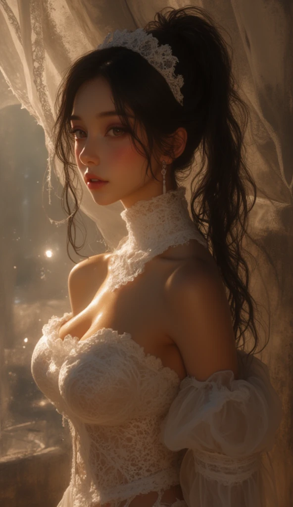  high resolution,  big boobs,  blushing,  black hair,  lens flare , masterpiece, one girl, hair band, hairclip, supermodel, superior body, I am tall, Fantastic body, lace stockings, long legs, ( pale white skin:1.4)