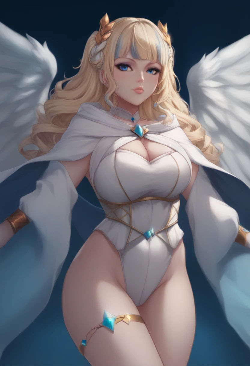 score_9,score_8_up,score_7_up,1girl,blue eyes,blonde curly long hair,large breasts,cleavage,thighs,cape,angelic renaissance outfit ,lips,clothing cutout,highleg,cleavage cutout,highleg leotard,cowboy shot, 3 huge wings on each side of her back,all white pure outfit, room,heaven background,floating,little,short