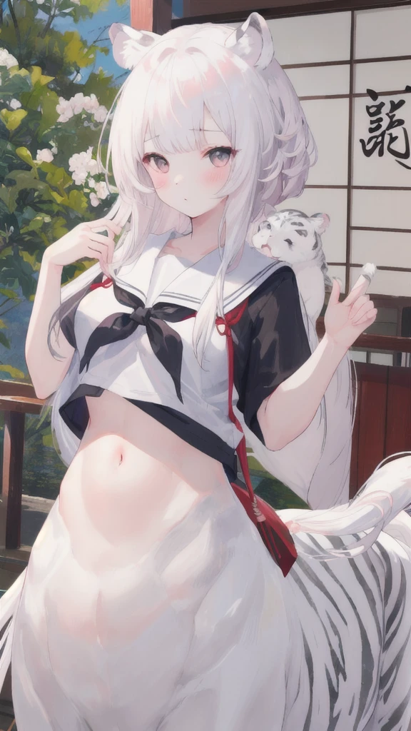 (best quality, masterpiece), 1 girl, centaur, It takes, White skin, Korean ,daughter,black pink,Smiling, exposing the abdomen, belly button t-shirt , 아름다운 소녀 Perfect wild white tiger photo, Perfect wild white tiger photo