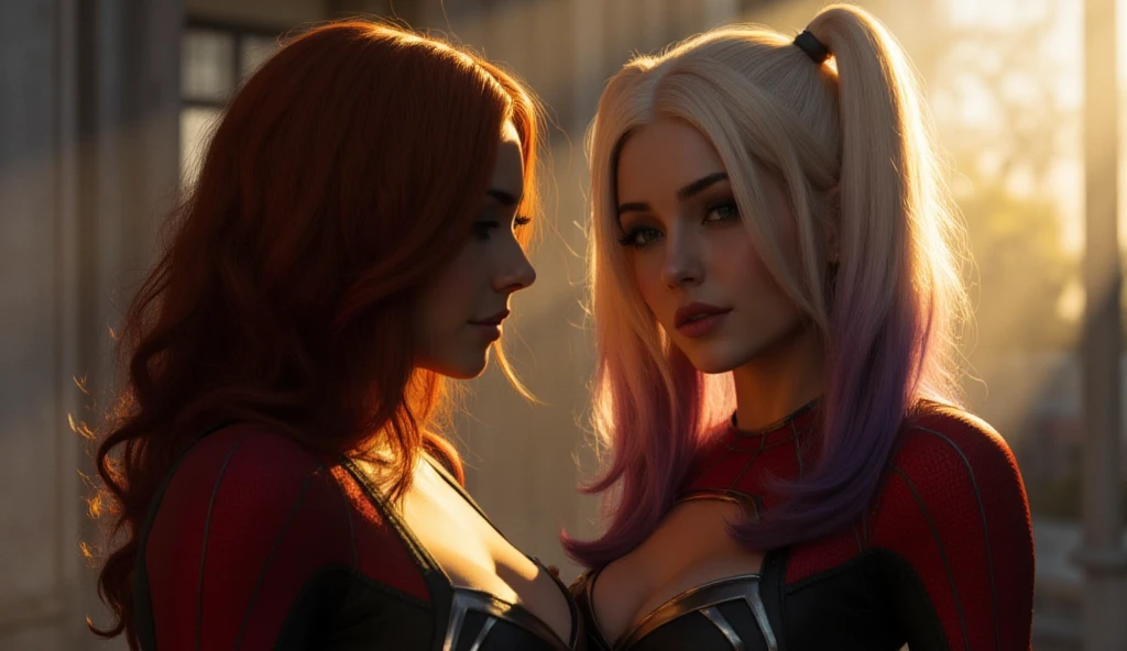 Hyperrealistic cinematic scene photography of a sexy spiderwoman next to a sexy harley quinn. ((RAW Photo), Absurd, (Absurd Resolution)), Masterpiece, Best Quality, (Extremely Detailed CG Unity 8k Wallpaper), (Best Illustration), (Best Shadow), Realistic Lighting, Detailed and Beautiful.