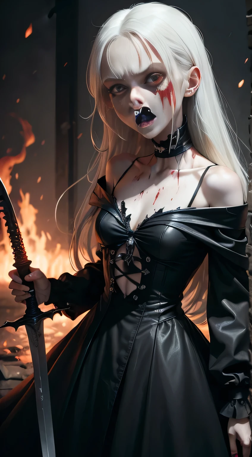A very pal young girl humanoid character, with red eyes, her name is Cassie, she is crazy, nuts, with cuts and scraps, horror, she is creepy, she is scary, shock value, very evil, ill, she is skinny, evoke, fear, terror, dread, decay, disgust, she is a Psycho, dark, unattractively, unusually thin, thin, scraggly, emaciated, twisted, frightening, sick, dark background, long black_dress, gore, blood, solo, close up, (messy white long hair), fog, evil eyes, she is flat, eyes glowing, dress fully covers her, she's nut, yelling, she's mad, she's furious, she's screaming out loud, showing teeth, mouth open wide, yelling at the camera, fire in the background, rage, sharp teeth, bloody mouth, vampire like, she is holding a (sword)
