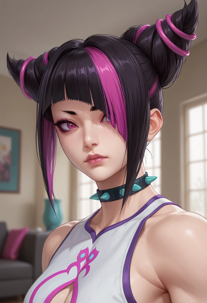 (masterpiece, best quality:1.2), 1girl, solo, Juri Han from Street Fighter 6, Standing in the center of a dimly lit room is Juri. Her hair is styled into two large buns on either side of her head, with pink and purple streaks adding a pop of color to her dark locks. She looks directly at the camera, her expression serious but intriguing. She is dressed in an outfit that contrasts sharply with the muted tones of the room. The top half of her body is white, adorned with pink and purple accents that echo the colors of her hair. A choker around her neck adds a touch of elegance to her look. The background is blurred, drawing the focus to her, but it appears to be an indoor setting with large windows letting in natural light. The overall atmosphere suggests a scene from a video game or a stylized photograph.