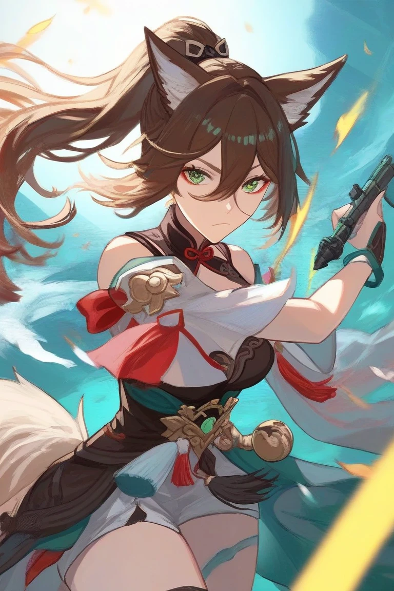 tingyun_\(honkai:_star_rail\), 1girl, fox_ears, green_eyes, brown_hair, fox_girl, fox_tail, hair_between_eyes, long_hair, ponytail, thighs, 
BREAKtorn cl,holding piston ,aiming at viewer,frown,fighting stance,(battle:1.2),electro effect ,dungeon background. ,masterpiece,best quality,anime.