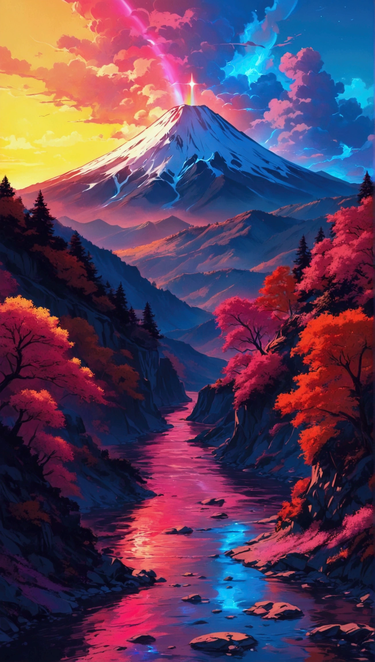  an image of a mountain with a river and a rainbow sky,  art deco outrun anime aesthetic , Illustrative wallpaper in 4k hd , 8K vertical wallpaper, anime background, 8k vertical wallpaper ,  vertical wallpaper 4k , Fondo de pantalla increíble,  vertical wallpaper 4k , colors synthwave!!, background art, neon landscape, epic retrowave art,  Vaporwave wallpaper for the environment 