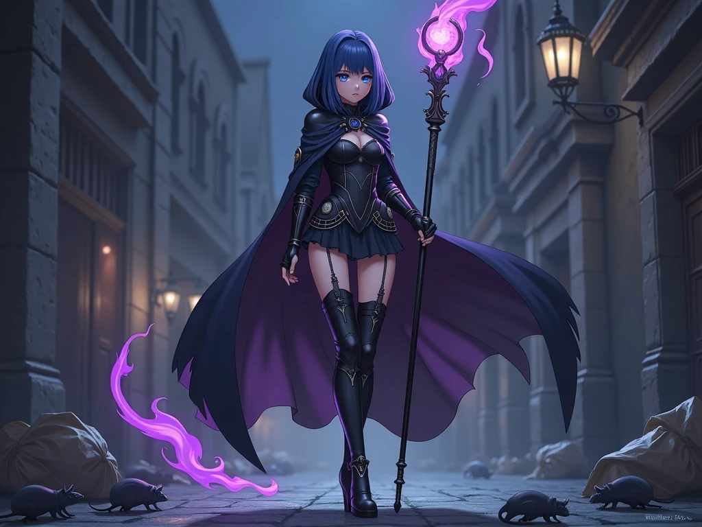 (Best Quality, (High resolution:1.2), Ultra-detailed, Realistic portrait, female necromancer, long black cloak, beautiful face, dark background, cemetery, depth of field, short black and purple hair, night time, (full body), mini skirt, black stockings, lace lingerie, perfect long legs, ankle boots