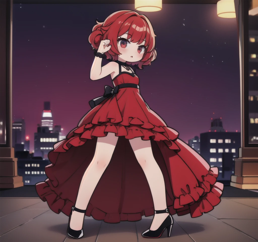  short fibers, Curly hair, Red dress, fitting dress, Short dress, High heel shoes, sexy poses, Friday Night Funkin Girl , only side view, standing straight 