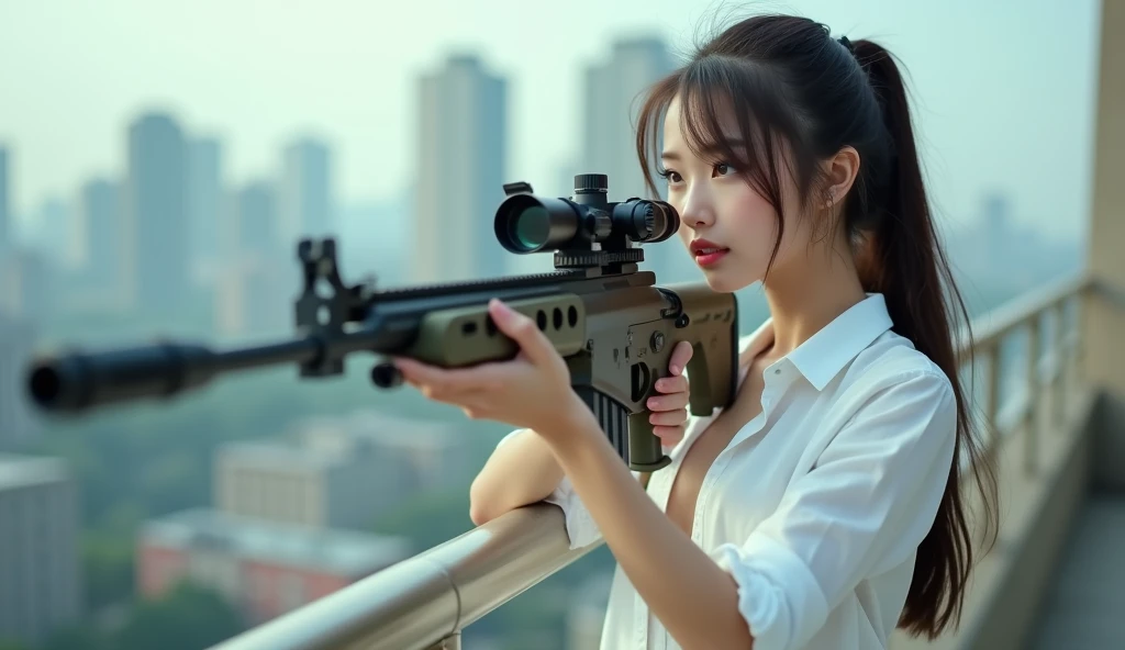 (8k), (best quality), (masterpiece:1.3), (realistic), (photorealistic:1.36), ultra-detailed, cinema lights,((Sniper:1.4)),((Sniper outlet:1.4)),((sharpshooter:1.2)),
1girl, solo, (((dark short cut hair with bangs))), (finely detailed beautiful amber eyes: 1.2),  lustrous skin, show Clavicle, perfect skin, (adult face:1.2), (medium_breasts:1.3),
