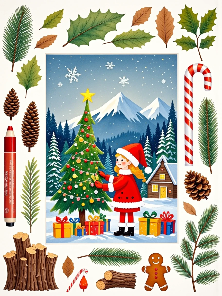 Leaves, pine cones, bark and other parts of various Christmas trees, together with Christmas gifts and candies, and Christmas watercolor pens, form a handmade sticker. The picture shows a beautiful girl wearing Santa Claus costume, 1girl, happy and festive on Christmas night The festival mountain village, simple composition, a masterpiece