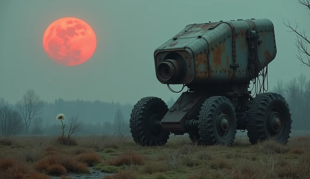 wasteland,一个非常破旧的Leopard 2 Main Battle Tank停在Cemetery上,A white dove lands on a tank,think,rust,Tattered Red Armor,The skyline in the distance,Gothic,moss,(A small white flower),Cemetery,Gothic教堂,Blood red moon,Gothic元素,wildfires,cold,gloomy