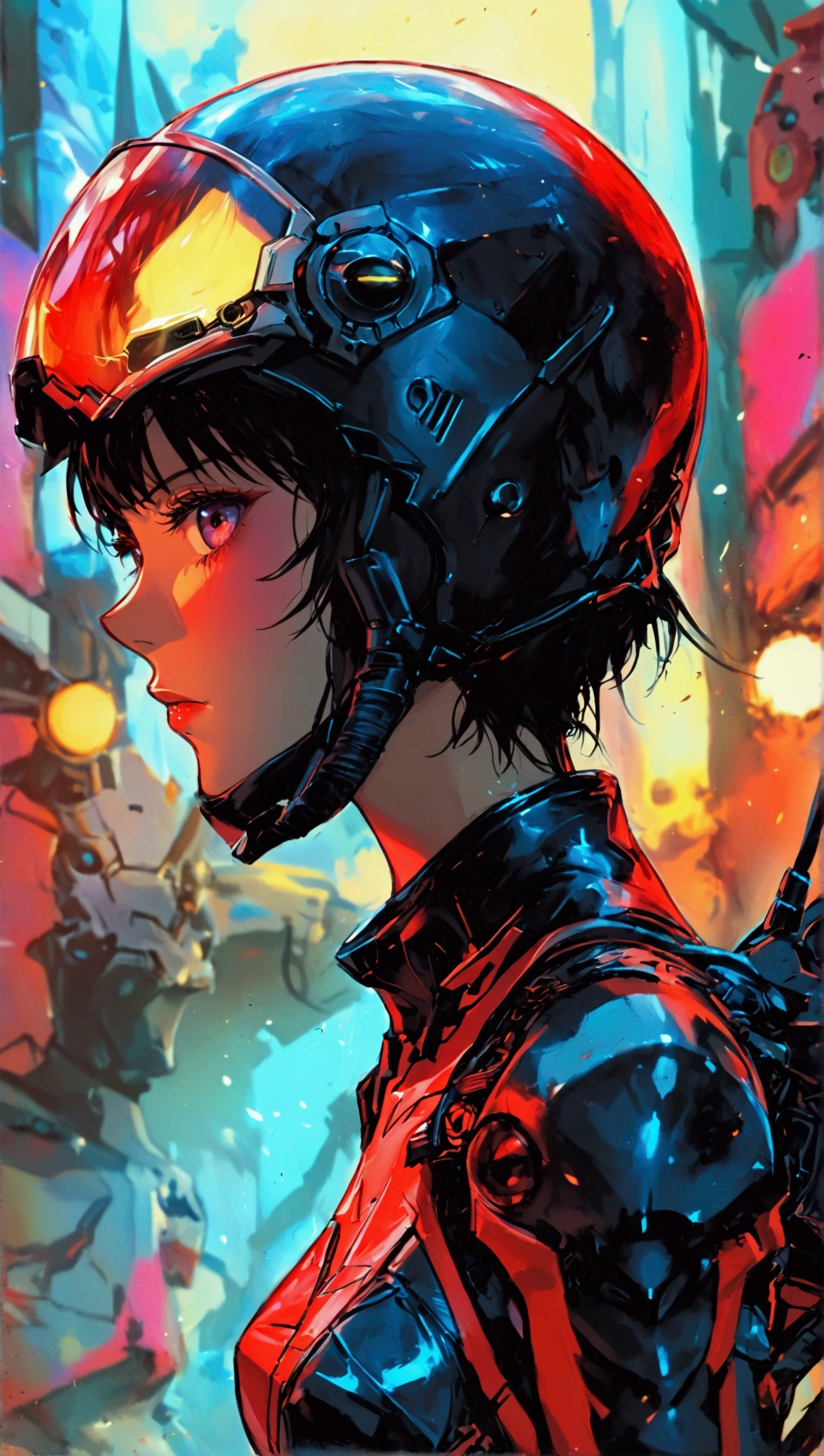  a close up of a poster with a person on a motorcycle,  red line anime movie style , git anime,  style of the Akira motion movie ,  poster of the end of Evangelion ,  Metal Gear Solid cyberpunk anime , , git,  anime still film anime shikishi ,  ghost geisha robot in the shell , zero two, futuristic tetsuo