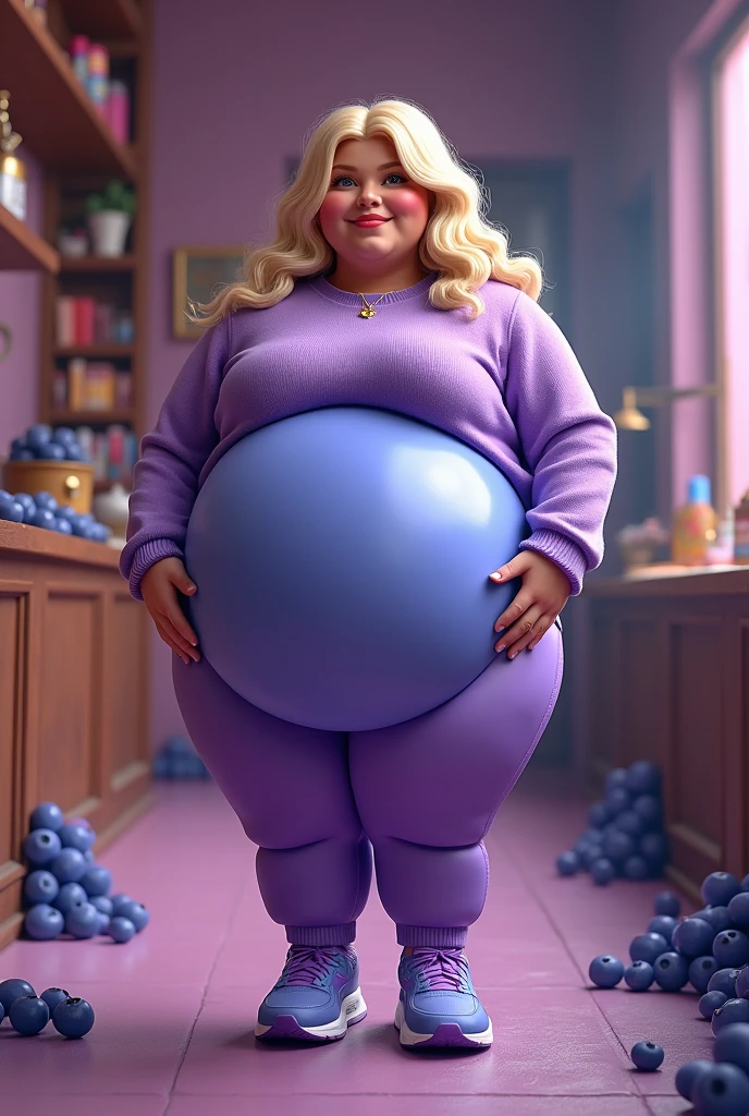 A hyper realistic carricature ,photorealism,of a fat woman 25 yo.with random rainbow hair style,standing.wearing sexy yellow pijama ,light smile, high detail,3d render,high definition
