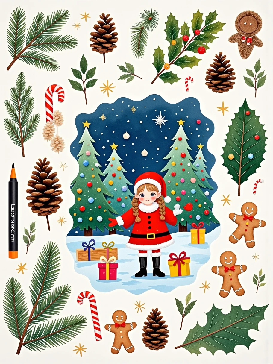 Leaves, pine cones, bark and other parts of various Christmas trees, together with Christmas gifts and candies, and Christmas watercolor pens, form a handmade sticker. The picture shows a beautiful girl wearing Santa Claus costume, 1girl, happy and festive on Christmas night The festival mountain village, simple composition, a masterpiece