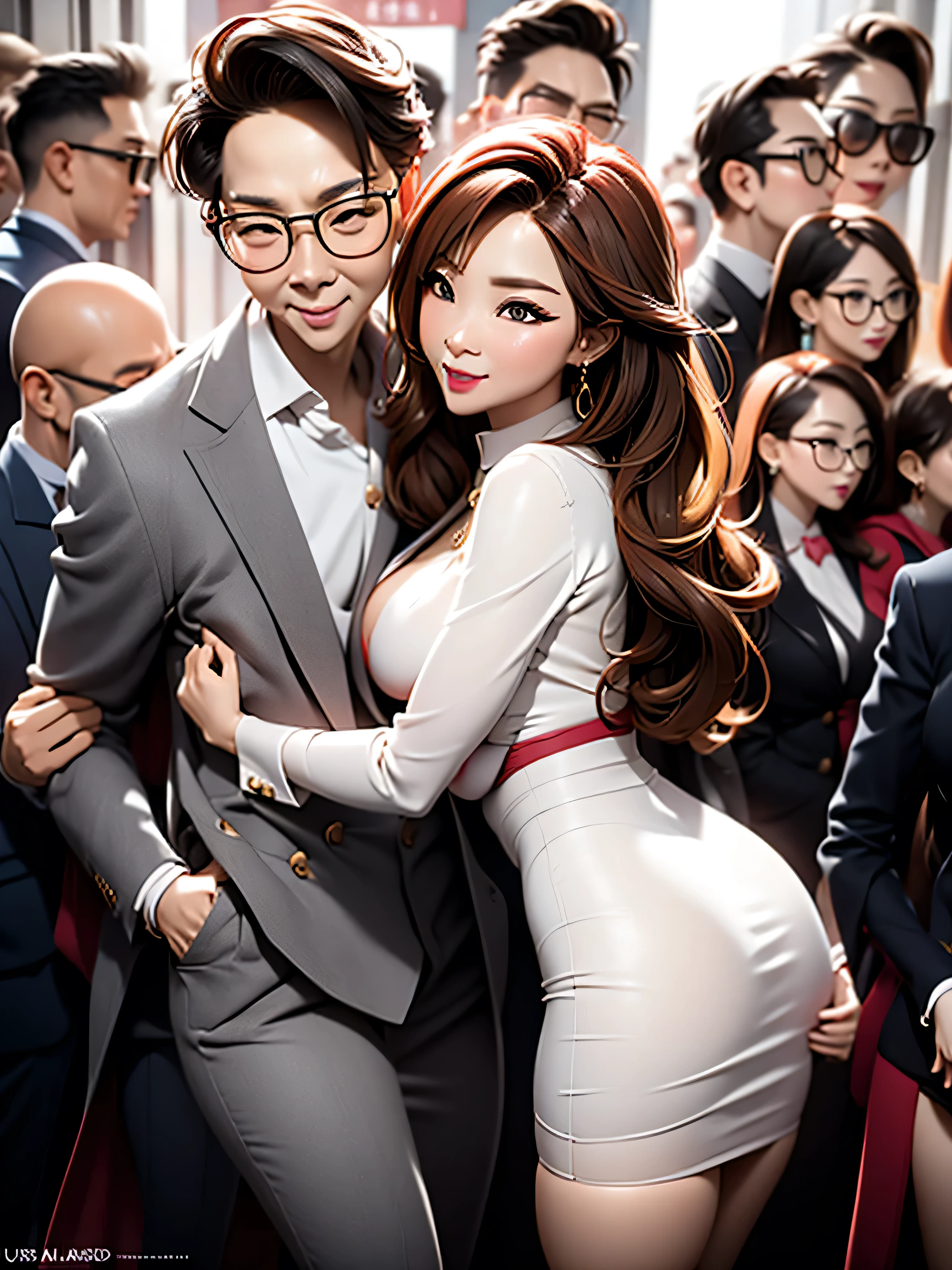 A beautiful woman wearing a revealing skirt suit no underwear, her elderly husband hugged and kissed her from behind in the crowded crowd, UHD, masterpiece, textured skin, super detail, best quality, 8k.