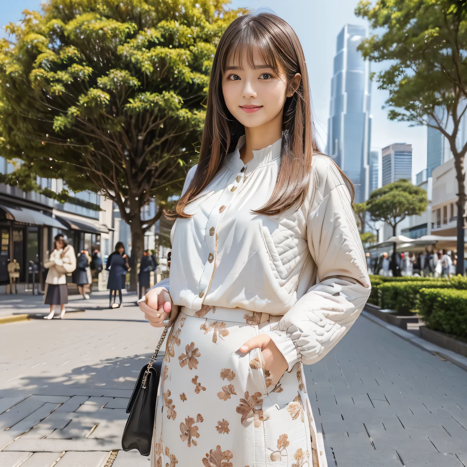 (Calm and gentle expression:1.0), ( full body shot:1.3), ( Panorama :1.0),  movie lighting, (( top quality)), ( RAW photos ,  top quality), (  realistic :1.4),  realism, masterpiece,  Very Delicate and Beautiful ,  very detailed , 4k wallpaper,  wonderful, finely,  very detailed  CG unity 8k wallpaper,  very detailed ,  high definition ,  soft light during the cruise,  Japanese, (one shot:1.9), (22 years old:1.6), (Round face:1.2), (Fat:0.8), (A very neat woman, A very pure woman:1.5),  Beautifully Detailed Woman , with famous Japanese actresses ,  detailed face , finelyて美しい目,  very detailed な目と顔,  Beautiful Eyes and Beautifully Detailed Nose,  lots of cute frills , ( straight hair:1.4),  shiny hair, Shiny Hair, Brown Hair, (bangs:1.4),  tight body, ( is smiling:1.4), Glossy and moisturized lips,  natural makeup, (quilted jacket :1.6), (LET IT GO, white, Elegant long sleeve blouse:1.3), (LET IT GO, Small floral pattern, Kinari,  flare skirt:1.3), ( Long Skirt:1.7), (pumps:1.4), (Skyscraper district, bustling street, Sidewalk background with large street trees:1.8), 