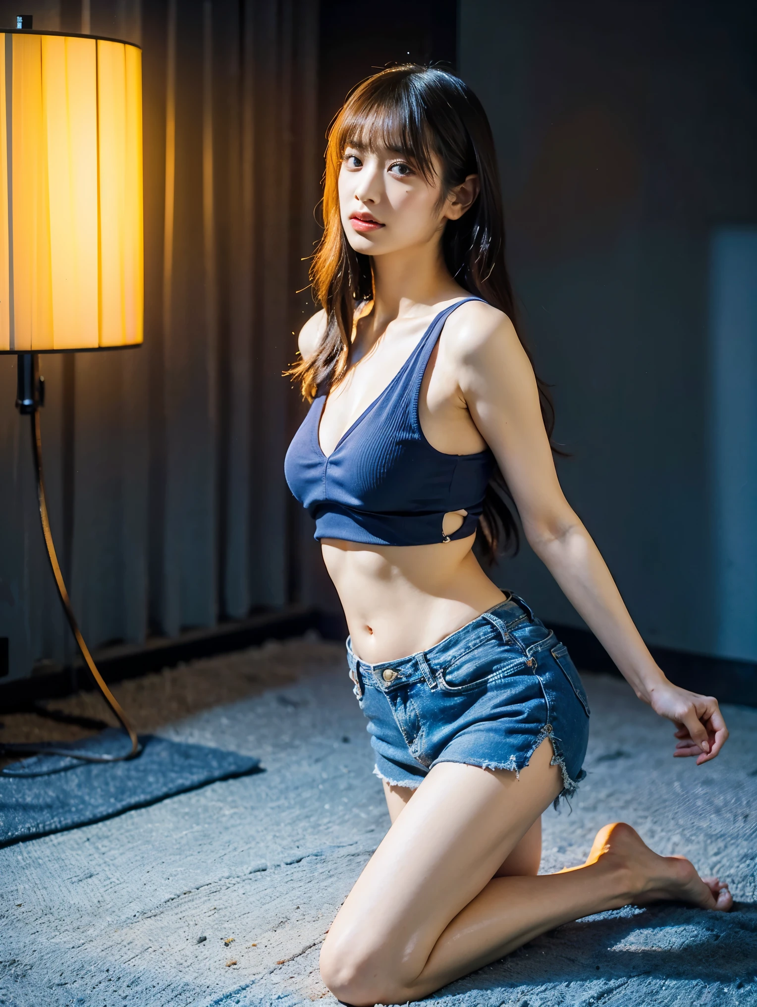 (( 1 girl)), woman, masterpiece, top quality, top quality, cinematic lighting, (Volumetric Lighting), very detailed CG unity 8k wallpaper, Concentrated, 8k wallpaper, very detailed, super real , photorealistic, sharp concentration, absurd, ( high definition :1.2), ( High Contrast), photos of Dress Boxing Match, Detailed and complex, instagram, portrait, high definition, DIGITAL PAINTING, Art Station , Concept Art , smooth, sharp concentration, Illustration, cinematic lighting, ( Big Breasts :1.3), ((( skinny, Thin legs))), ( Japanese Idol Poses), ( short tank top, sexy denim miniskirt, open shoulders , open chest , clevis on a stone), viewers who stop at the edge, ((Indian Pose)), (( Medium Body Shot, Hip Level Shot )), long hair, (( sunset beach)), beautiful eyes