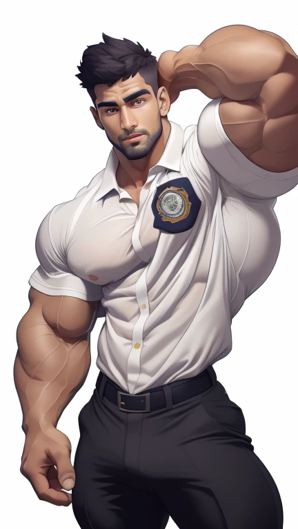 masterpiece, handsome indian, clear face and eyes, best quality, muscular, bara, 20 years old indian hairy body male, front opened school uniform shirt with schoo uniform trouser,long bangs haircut, large pectorals,wearing school uniform, thick eyebrows,white background