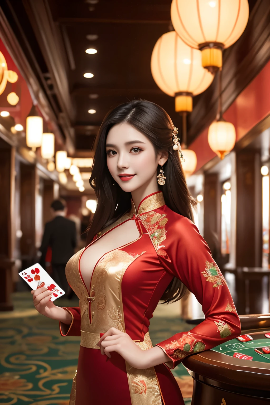 extreme close-up of beautiful beautiful korean female, 34 inch breasts size, french braid, wearing red tuxedo, white gloves, holding name card, cinematic scene, UHD