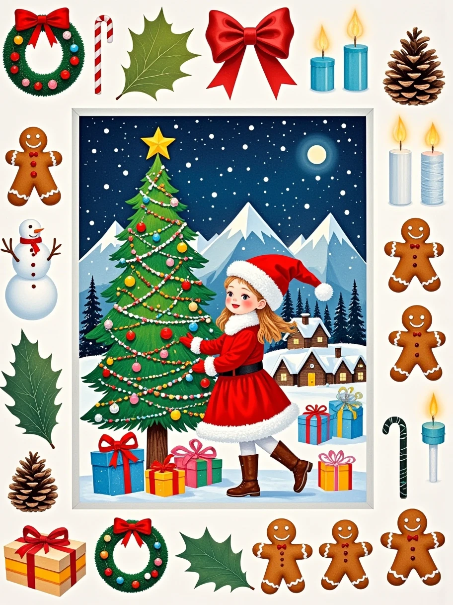  Various Christmas Tree Lights and Balls ,  Christmas Wreaths , Bow, Gingerbread Man, Christmas flags , Christmas candy,  Snowman Candles ,  Christmas candles and other ornaments form a handmade collage ,  The picture is a beautiful girl wearing a Santa Claus costume, 1girl,  Christmas night fun and festive holiday mountain village, Simple composition ,  Master's work