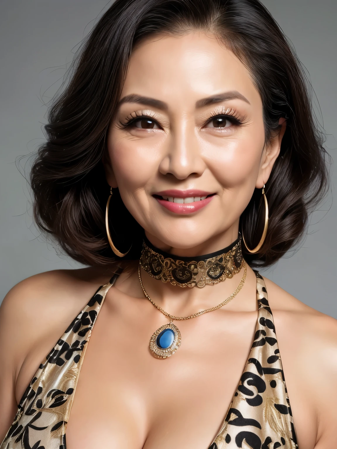 (masterpiece:1.4),(Beautiful 61 year old woman:1.5),(Facial wrinkles : 1.2),(large cow-bell wrapped around her neck : 1.2), (fluffy bikini with cow-print : 1.1), (glossy make up), (thick lips), fluffy fabric, fluffy blanket, (plump body : 1), extremely white skin, pores, skin blemishes, dull skin, gentle smile, wavy hair, large saggy breasts, hanging breasts, on a barn, detailed backgrounds,