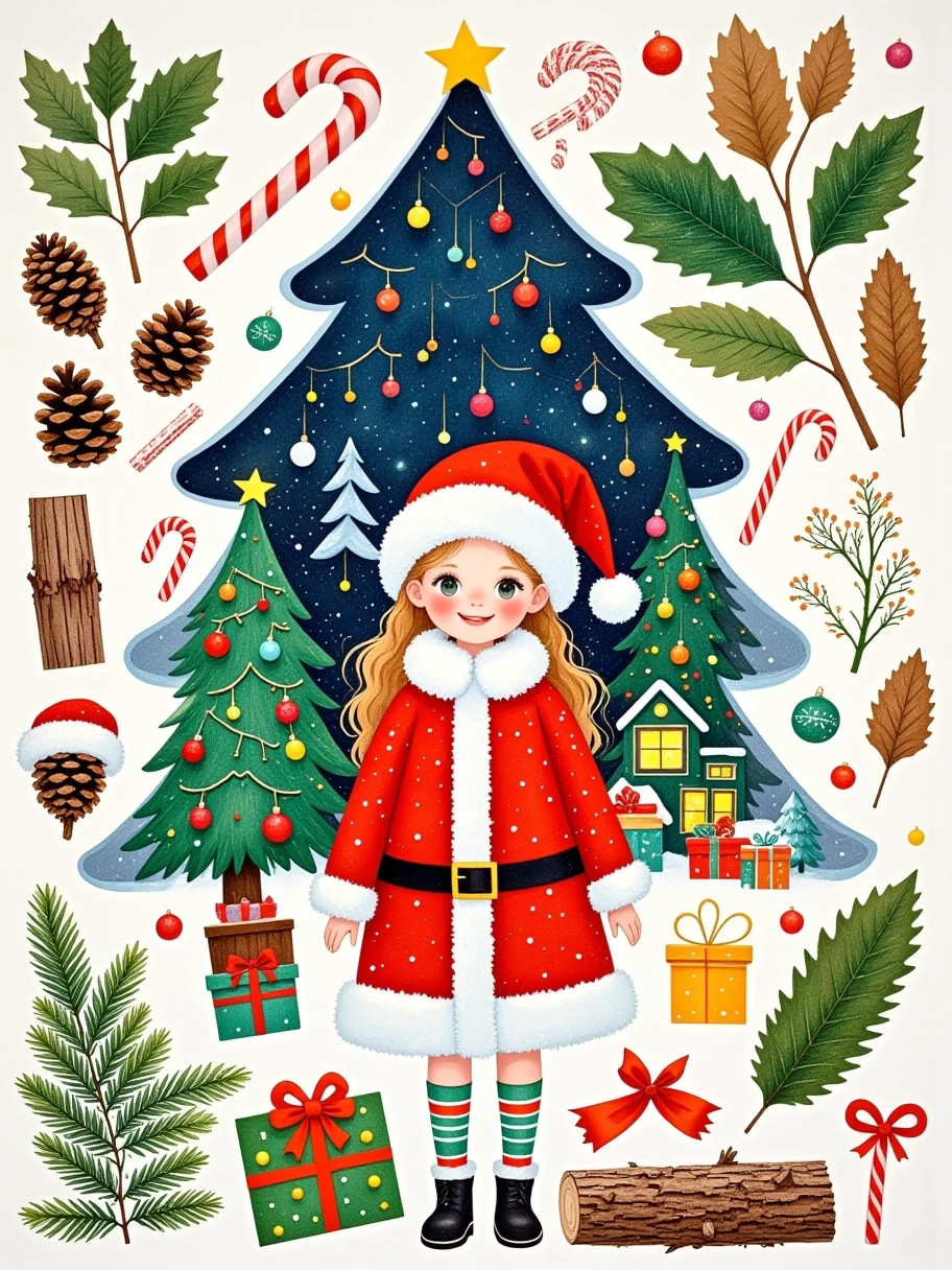 Leaves, pine cones, bark and other parts of various Christmas trees, together with Christmas gifts and candies, and Christmas watercolor pens, form a handmade sticker. The picture shows a beautiful girl wearing Santa Claus costume, 1girl, happy and festive on Christmas night The festival mountain village, simple composition, a masterpiece