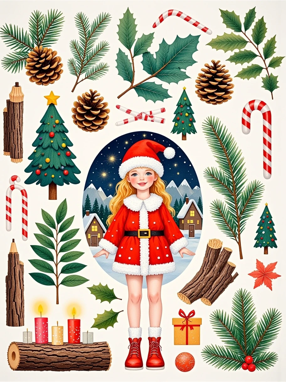 Leaves, pine cones, bark and other parts of various Christmas trees, together with Christmas gifts and candies, and Christmas watercolor pens, form a handmade sticker. The picture shows a beautiful girl wearing Santa Claus costume, 1girl, happy and festive on Christmas night The festival mountain village, simple composition, a masterpiece