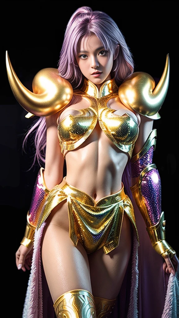 une femme, 25 ans, manga, cheveux longs, cheveux multicolores, sexy, high level of detail, saint seiya, armure, signes du zodiaque, Grèce antique, armure d'or des poissons, pisces gold cloth, Carved