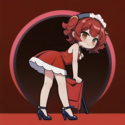  short fibers, Curly hair, Red dress, fitting dress, Short dress, High heel shoes, sexy poses, Friday Night Funkin Girl , only side view, standing straight 