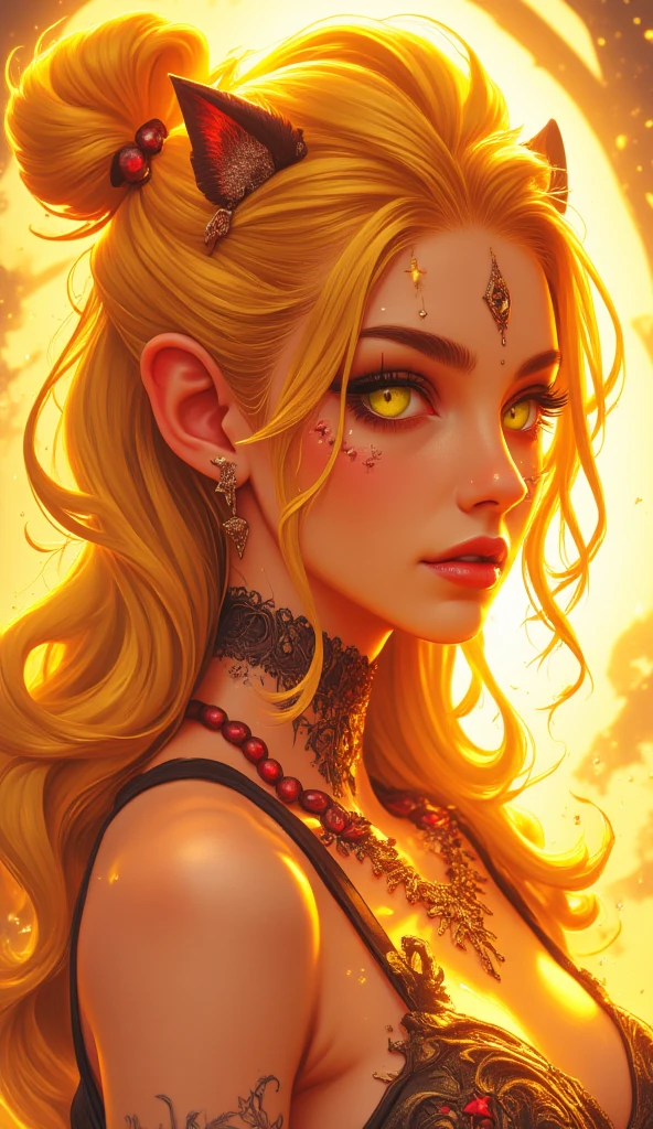 (Masterpiece, Ultra-detailed, Cinematic Quality, Physically Based Rendering, 8k resolution, Wallpaper), (Stylized illustration of a woman representing the Leo zodiac sign:2.0), (Profile view of her face with striking features:1.8), (Long, wavy blonde hair with golden streaks and darker roots peeking through for depth:1.6), (Hair styled in a lion-inspired fashion, with a topknot resembling a mane and loose waves cascading past the neck:1.6), (Bright, feline-like light yellow eyes with a piercing, intense gaze:1.8), (Face adorned with intricate piercings: a horizontal row along both eyebrows, three vertical piercings between the brows down the nose, and three more in a vertical line down her neck:1.8), (Makeup-enhanced features, including prominent eyeliner and warm-toned eyeshadow:1.4), (Necklace of vivid red beads contrasting beautifully with her radiant skin tone:1.6), (Lion ears peeking subtly from the hair, emphasizing her connection to the Leo symbol:1.4), (Soft yet dramatic lighting highlighting her golden hair and sharp features, with a luxurious and majestic aura), (Background with warm hues of orange and gold, evoking a sunset or regal atmosphere:1.2).