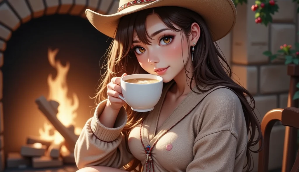 A beautiful cowgirl with beautiful eyes:1.2, detailed eyes, beautiful full lips, highly detailed eyes and faces, long eyelashes, cute expression, smile, wearing cowgirl's hat, sitting:1.4, holding a cup of hot latte, country christmas background, Christmas sweater, fireplace, warm light, detailed lighting and shadows, 8k, Hi-Res, masterpiece:1.4, bright colors