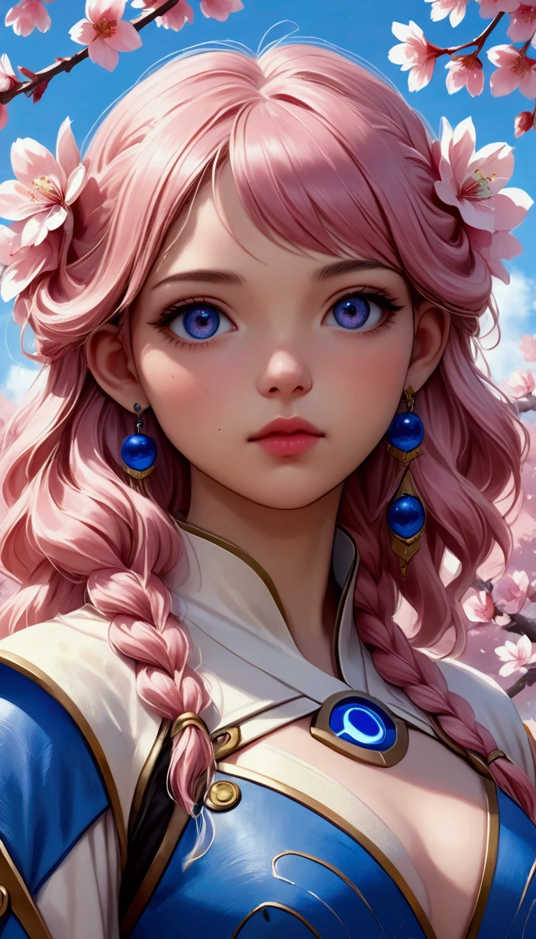 cute girl, PlayStation 5 inspired costume, cherry blossom background, ethereal atmosphere, soft pastel tones, detailed painting, captivating gaze, masterpiece, 8k, high quality, realistic, photorealistic, professional, vivid colors, fantasy, digital art, female character, beautiful detailed eyes, beautiful detailed lips, extremely detailed face and expression, long eyelashes