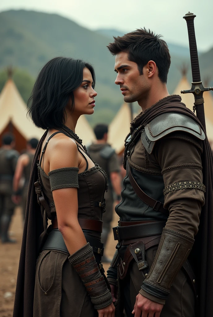 (4k resolution) a young man with a sword in his hand next to a beautiful lady, apocalyptic scenario