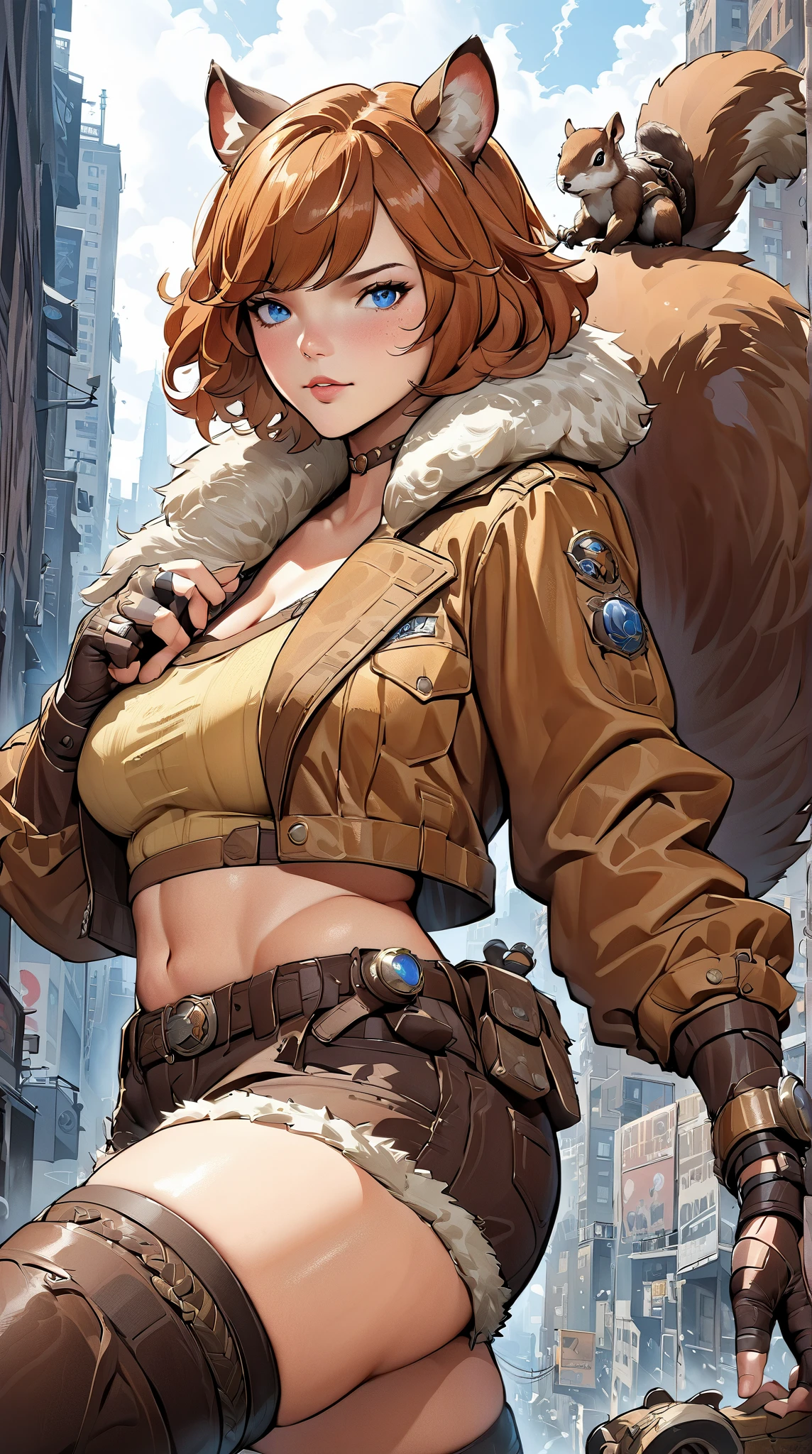 best quality,4k,8k,highres,masterpiece:1.2),ultra-detailed, extremely detailed eyes, extremely detailed body, (large masterpiece digital art), (detailed manga illustration), (detailed line art), ((perfect anatomy)), (intricate details:1.3), (ultra-detailed:1.3), (illustration:1.3), (sharp focus:1.3), (natural lighting:1.05), (vivid colors:1.3), (masterpiece), best quality, expressive eyes, perfect face, 1girl, acorn, animal ears, belt, black thighhighs, blue eyes, breasts, ((red-brown hair)), brown footwear, brown jacket, brown shirt, brown shorts, choker, crop top, cropped jacket, freckles, fingerless gloves, fur collar, gloves, jacket, large breasts, muffin top, (plump), short hair, short shorts, shorts, squirrel, squirrel ears, squirrel tail, tail, thick thighs, thigh gap, thighs, thighhighs, wide hips, heroic atmosphere, Beautiful woman, Atey Ghailan, Jeremy Mann, Greg Manchess, Antonio Moro, trend in ArtStation, trend in CGSociety, Intricate, High Detail, Sharp focus, dramatic and photorealistic painting art by Midjourney and Greg Rutkowski, Marvel Cinematic Universe style, dynamic pose, ((action pose)), (New York city in background)