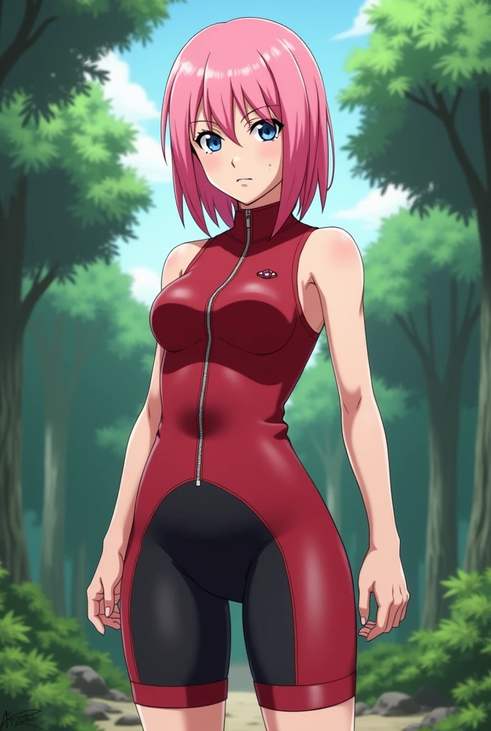 1 girl, Sakura Haruno, pink hair, short hair, green eyes, sleeveless, Red shirt, forehead protector, nice legs, black gloves,
standing, Pussy, bottomless, teenager, whole body, looking at the viewer, Alone,  Konoha fondo, Konohagakure Hidden Village Background
 