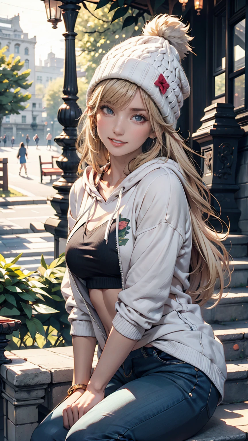 a close up of a woman with tattoos on her legs, hood, blonde  Anime girl with long hair, in the style of Guweiz ,  Realistic anime art style , realistic art style,  realistic anime art style , realistic anime 3D style, anime realism style,  Anime girl with long hair, artgerm style,  beautiful work of digital art , beautiful anime girl, UHD, Retina, masterpiece, Accurate, anatomically correct, textured skin, Super detail, high details,  high quality ,  award winning , best quality, highres, 1080P, HD, 16K