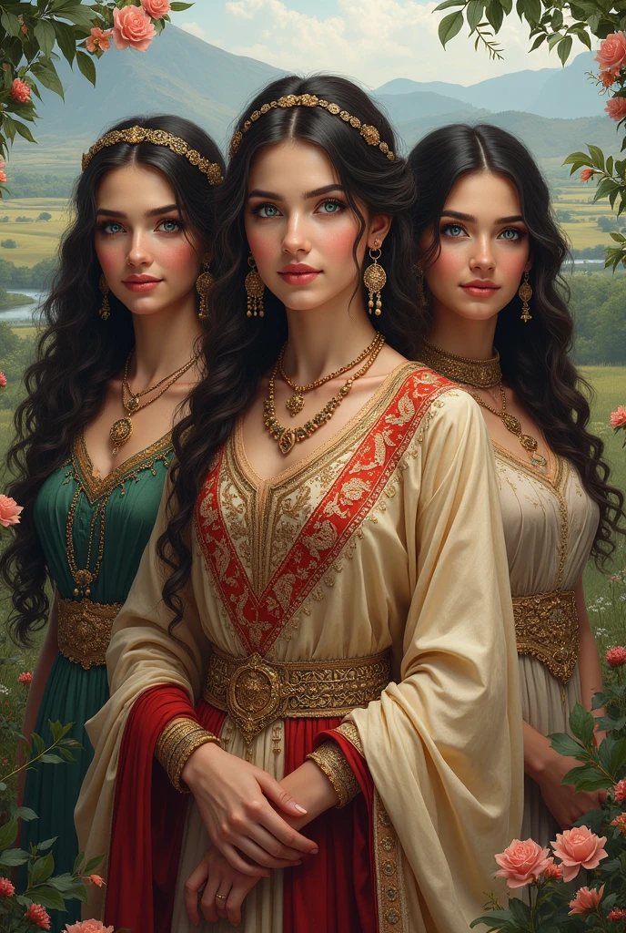 Painting of triple goddess Hecate s 3 form (maiden, mother, crone ) an ultrafine detailed painting, Artstation contest winner, fantasy art, fantasy game card, digital painting, spire, official photo