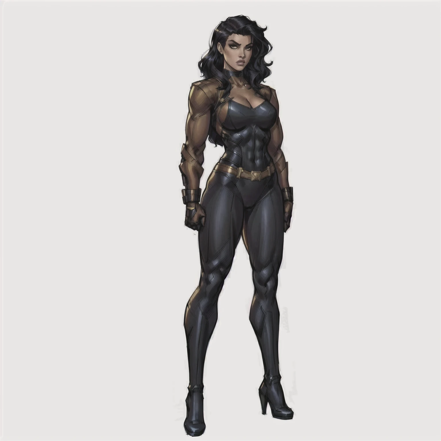 ((masterpiece)),(((best quality))),((character design sheet)), ((full body view)) illustration,1girl, muscular, ((black bodysuit:1.7)), superhero, (short curly red hair:1.5), (white cape:1.5) ((detailed face:1.4)) beautiful woman, (short curly hair:1.6) (small head:1.2), (flat breasts:1.3), (purple thigh highs:1.3), shiny skin, (gold logo on chest:1.4),scribbles and marks, (puffy lips:1.5), (full lips:1.4) (wide hips:1.3), big lips, detailed lips, (gold gloves:1.2) rough sketches, pose, 8k,16k, (simple background, white background: 1.3)