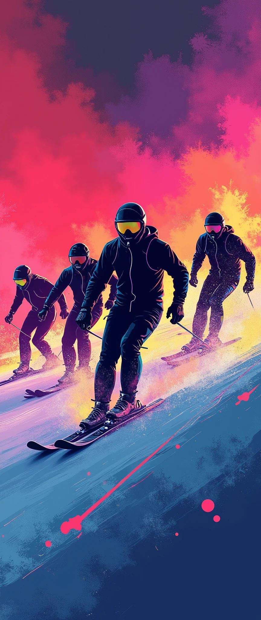 (masterpiece:1.2)、( super detailed)、8k、16k、wallpaper、( ski sprint:2.0)、poster、 Ski Sprint Technology々 neon silhouettes that look like ski splints are lined up in a row、(( Monochrome, Red 、green、Purple、yellow、 Blue、pink Color Palette ))、(( Vector art ))、(( Flat Design )),(snow splashes:2.0),( depth of field:2.0)