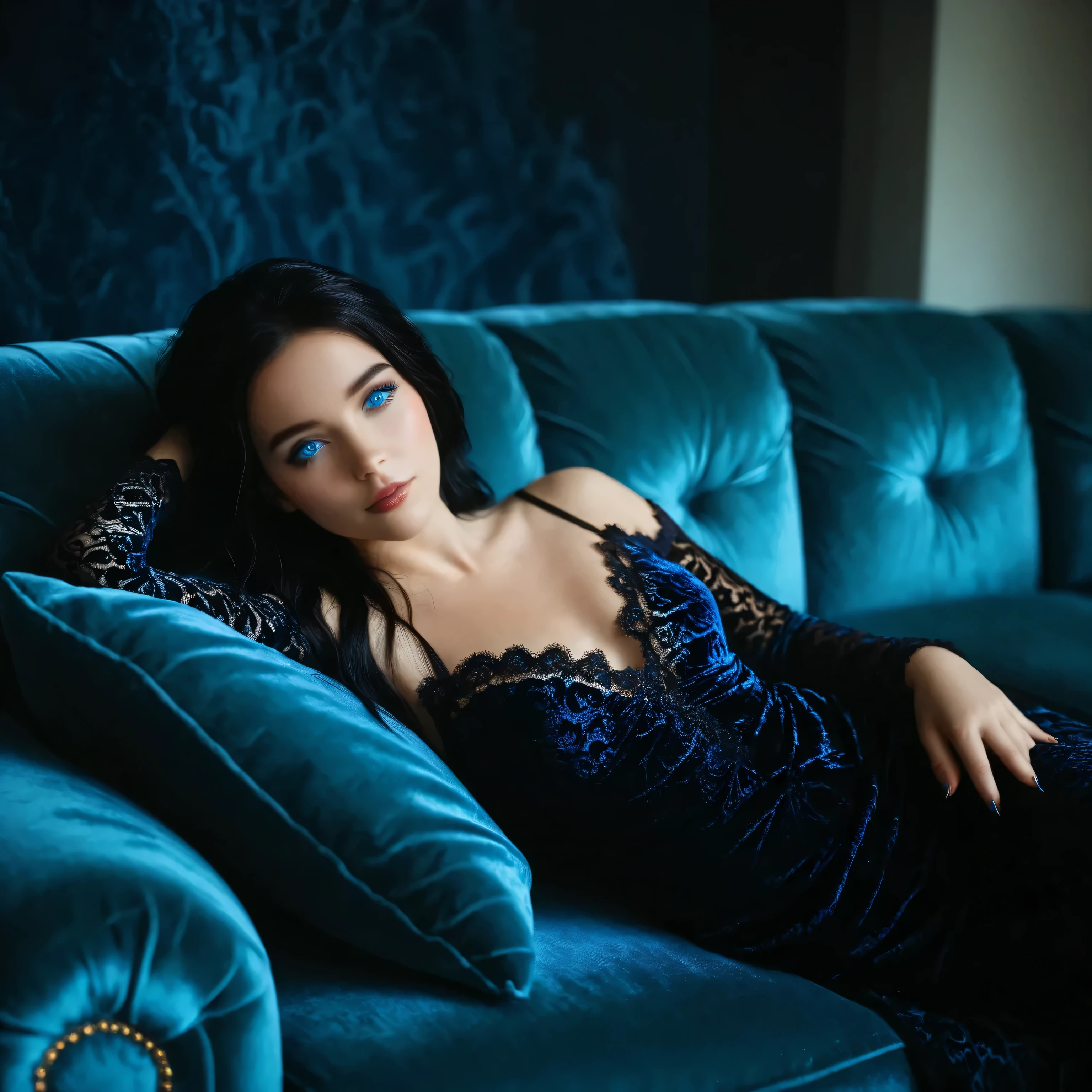 Reclining on a velvet sofa, her black hair spills over her shoulders, blending into the dark fabric. The lace that adorns her frame hints at everything and reveals just enough, her blue eyes glowing like embers in the low light.