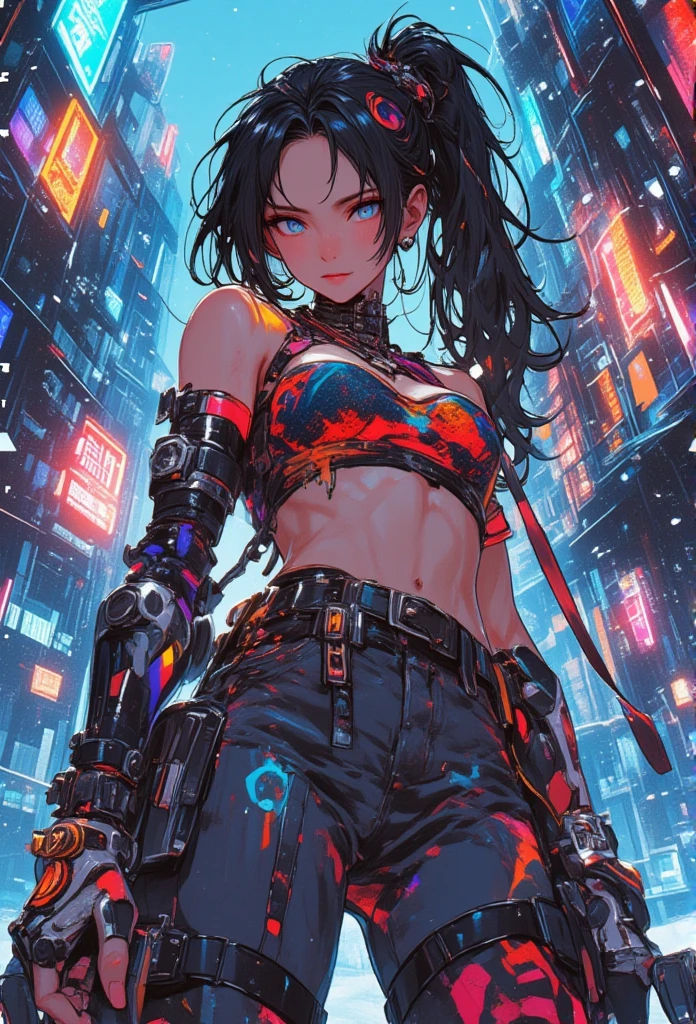 clarity, defined, ultra detailed, dynamic pose, high quality, close-up digital portrait painted in the style of Artgerm, Loish, Charlie Bowater, and Sara Tepes, dynamic lighting, em cyber clima com cães assassinos  , historical cyber 2079s, com roupa de Papai sexy noelblue orange yellow red neon withe, a beautiful nórdica viking nina-sakura Naruto sexy top seios empinados e curvados macios teen girl and a small  sit in an atrium as it snows outside, leather, dynamic, disordered, bold, confusion, intensity